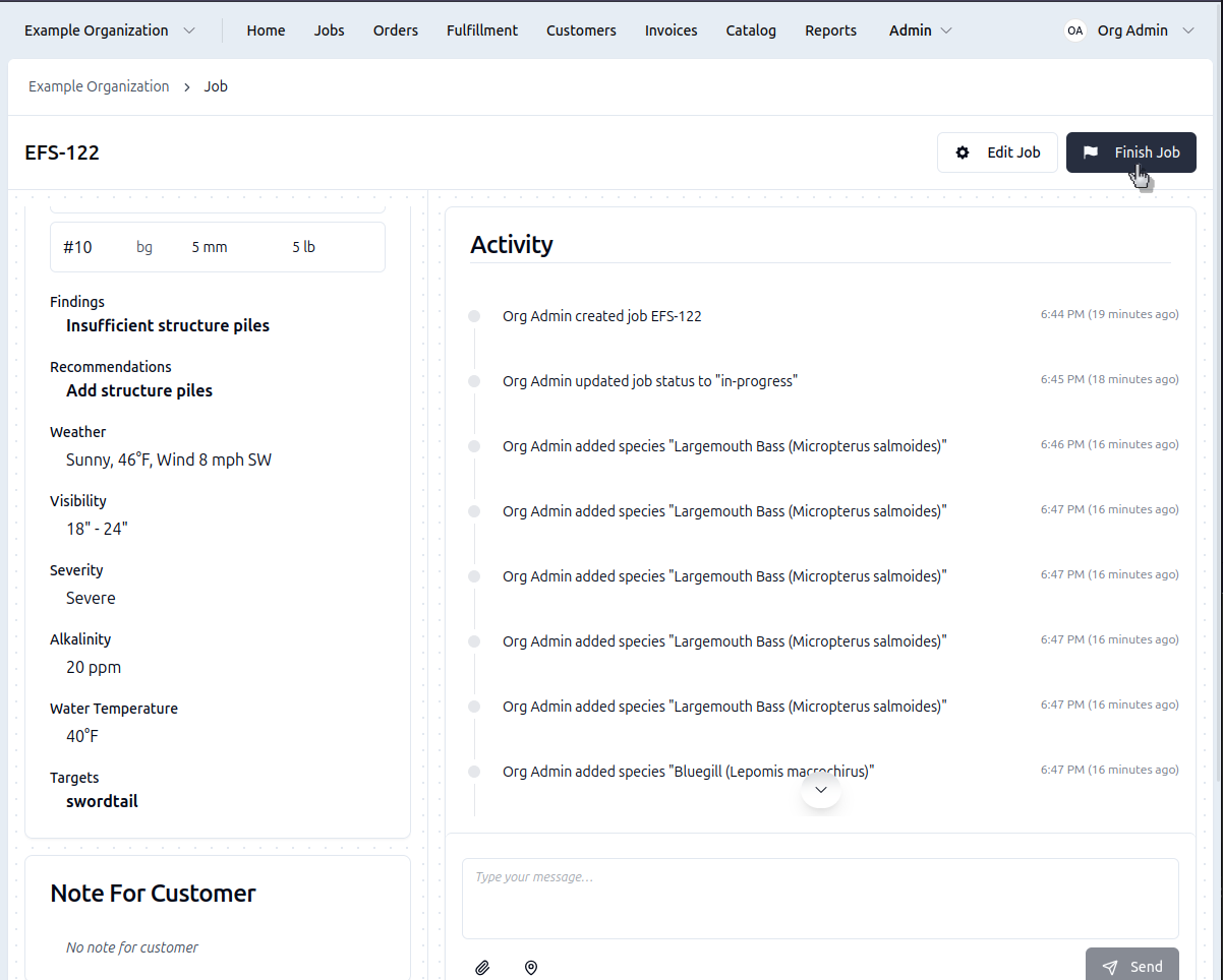 Completed job with activity log
