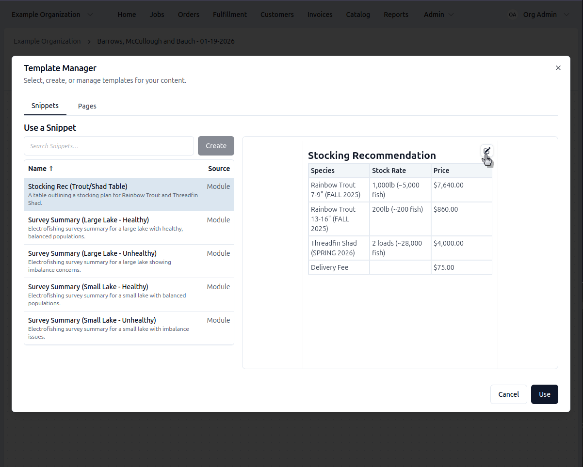Editing from template manager